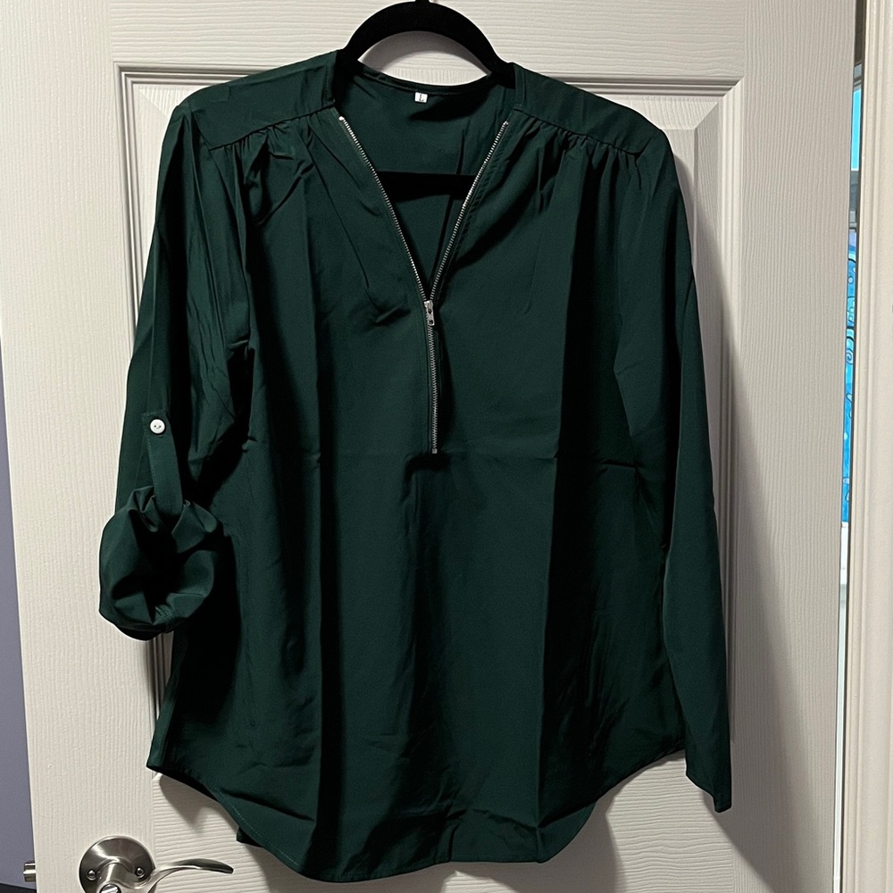 New Women's Dress Shirt Dark Forest Green Blouse with Zipper Buttoned Sleeves ML